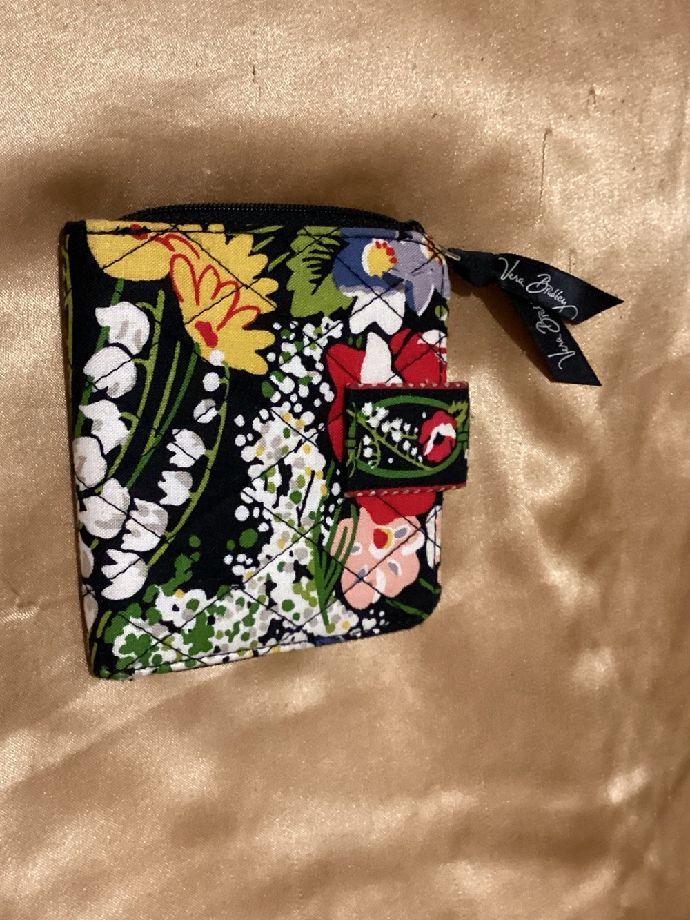 Vera Bradley Black Floral Quilted Zip-Top Wallet with Ribbon Pull